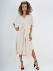 Italian Drawstring Side Split Linen Dress - Beige
