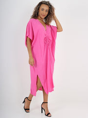 Italian Drawstring Side Split Linen Dress - Cerise