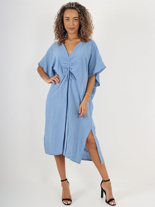 Italian Drawstring Side Split Linen Dress - Denim