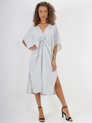 Italian Drawstring Side Split Linen Dress - Light Grey