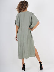 Italian Drawstring Side Split Linen Dress - Khaki
