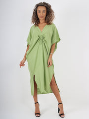 Italian Drawstring Side Split Linen Dress - Lime Green