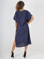 Italian Drawstring Side Split Linen Dress - Navy
