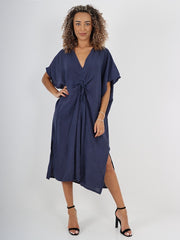 Italian Drawstring Side Split Linen Dress - Navy