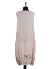 Italian Elasticated Hem Floral Linen Lagenlook Dress - Beige