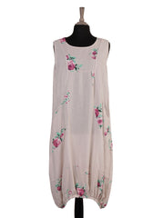 Italian Elasticated Hem Floral Linen Lagenlook Dress - Beige