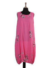 Italian Elasticated Hem Floral Linen Lagenlook Dress - Cerise
