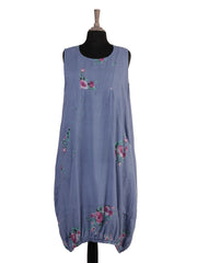 Italian Elasticated Hem Floral Linen Lagenlook Dress - Denim