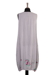 Italian Elasticated Hem Floral Linen Lagenlook Dress - Light Grey