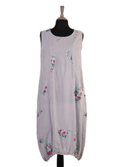 Italian Elasticated Hem Floral Linen Lagenlook Dress - Light Grey