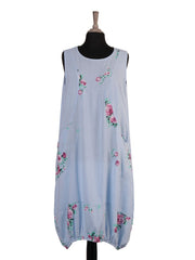 Italian Elasticated Hem Floral Linen Lagenlook Dress - Ice Blue