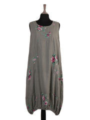 Italian Elasticated Hem Floral Linen Lagenlook Dress - Khaki