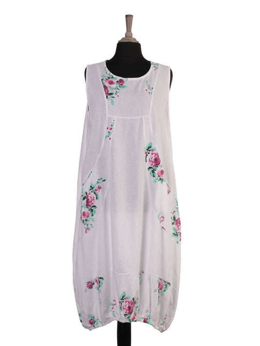 Italian Elasticated Hem Floral Linen Lagenlook Dress - White