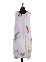 Italian Elasticated Hem Floral Linen Lagenlook Dress - White