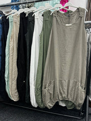 Italian Elasticated Hem Linen Lagenlook Dress - Navy