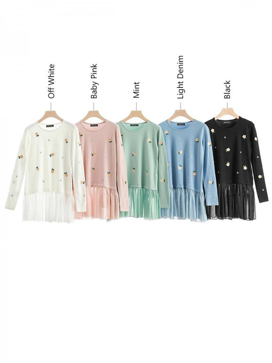 Italian Embroidered Flower Knitted Jumper With Chiffon Hem - Light Denim