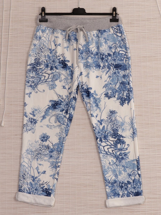 Italian Floral Cotton Summer Joggers With Side Pockets - White
