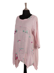 Italian Floral Print Asymmetric Hem Linen Tunic Top - Baby Pink