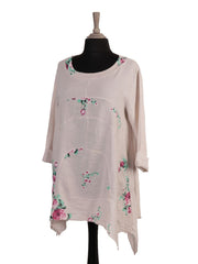 Italian Floral Print Asymmetric Hem Linen Tunic Top - Beige