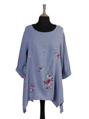 Italian Floral Print Asymmetric Hem Linen Tunic Top - Denim