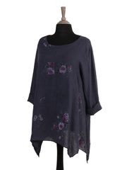 Italian Floral Print Asymmetric Hem Linen Tunic Top - Navy