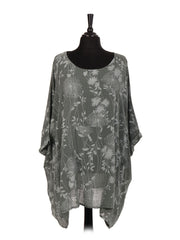 Italian Floral Print Plus Size Cotton Tunic Top - Khaki