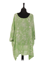 Italian Floral Print Plus Size Cotton Tunic Top - Lime Green