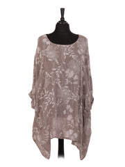 Italian Floral Print Plus Size Cotton Tunic Top - Mocha