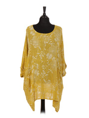 Italian Floral Print Plus Size Cotton Tunic Top - Mustard