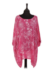 Italian Floral Print Plus Size Cotton Tunic Top - Cerise