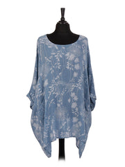 Italian Floral Print Plus Size Cotton Tunic Top - Denim