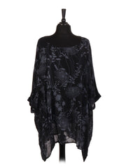 Italian Floral Print Plus Size Cotton Tunic Top - Black