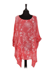 Italian Floral Print Plus Size Cotton Tunic Top - Coral
