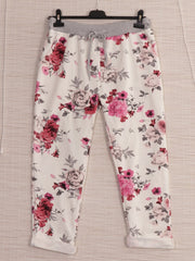 Italian Floral Print Side Pockets Detail Cotton Trousers - White