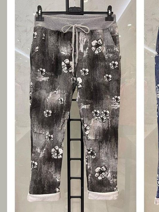 Italian Flower Printed Cotton Trousers - Black