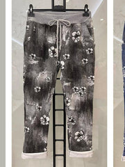 Italian Flower Printed Cotton Trousers - Black