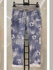 Italian Flower Printed Cotton Trousers - Light Denim
