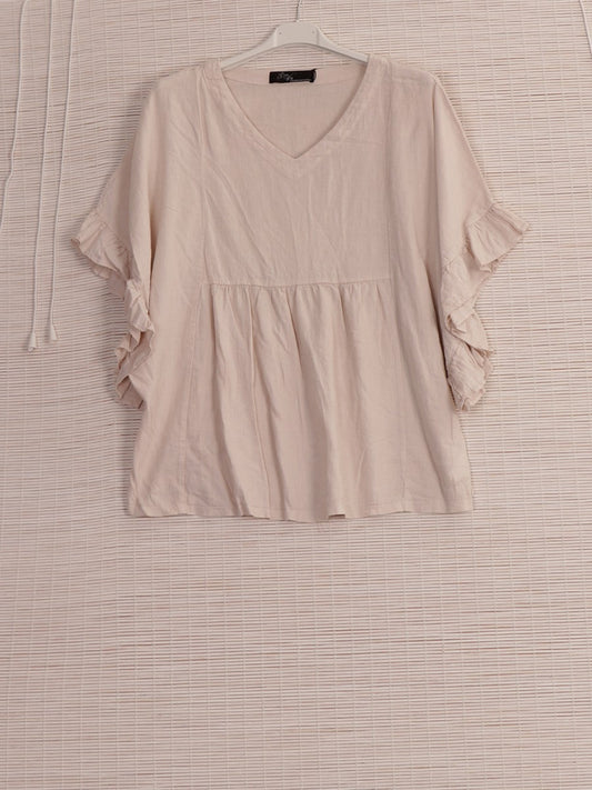 Italian Frilled Sleeves Linen Batwing Top - Beige