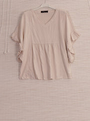 Italian Frilled Sleeves Linen Batwing Top - Beige