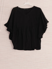 Italian Frilled Sleeves Linen Batwing Top - Black