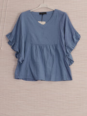 Italian Frilled Sleeves Linen Batwing Top - Denim