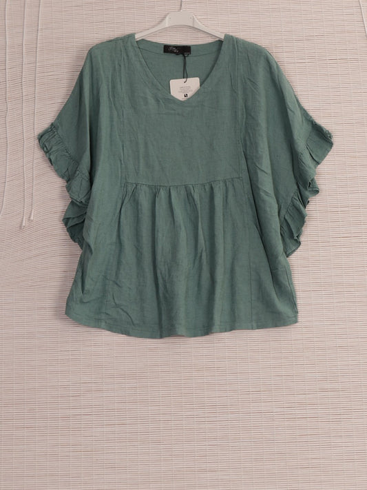 Italian Frilled Sleeves Linen Batwing Top - Mint