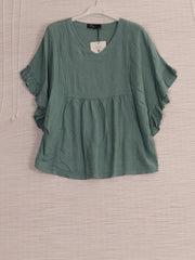 Italian Frilled Sleeves Linen Batwing Top - Mint