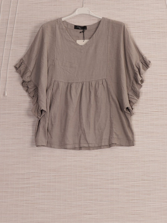 Italian Frilled Sleeves Linen Batwing Top - Mocha