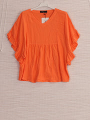 Italian Frilled Sleeves Linen Batwing Top - Orange