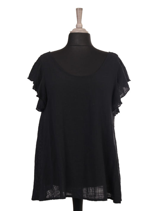 Italian Frilled Sleeves Smocked Back Flared Top - Black
