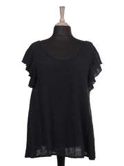 Italian Frilled Sleeves Smocked Back Flared Top - Black