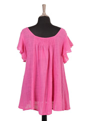 Italian Frilled Sleeves Smocked Back Flared Top - Cerise