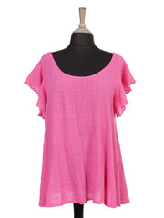 Italian Frilled Sleeves Smocked Back Flared Top - Cerise