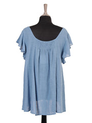 Italian Frilled Sleeves Smocked Back Flared Top - Denim
